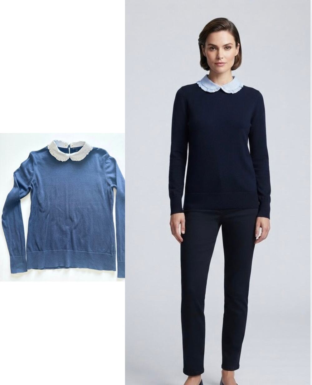 Brooks Brothers Navy Sweater w/ Detachable Striped Ruffle Collar Sz M